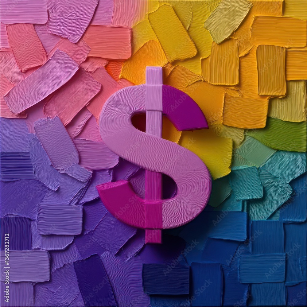 Poster Abstract colorful dollar symbol on a textured mosaic background. The artwork features a vibrant spectrum of hues and a tactile, three-dimensional effect