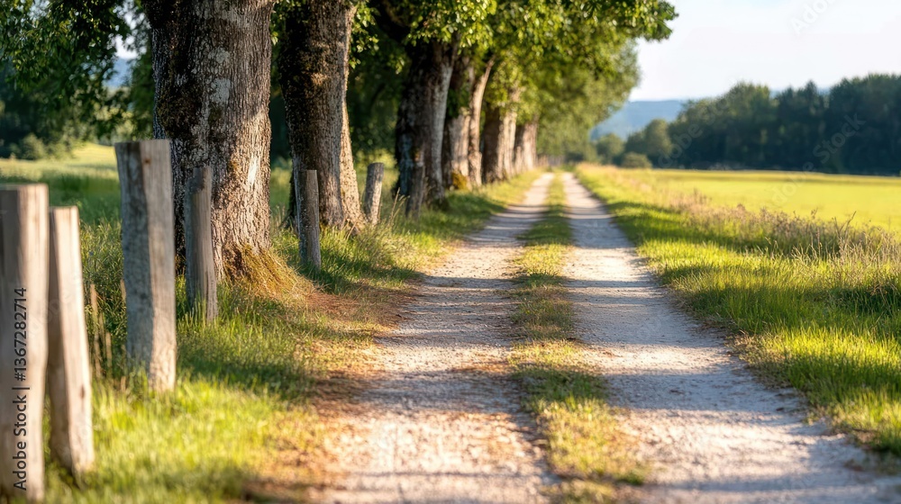 Poster dirt road through a row of trees leading towards the horizon with wooden fence and green field lit b