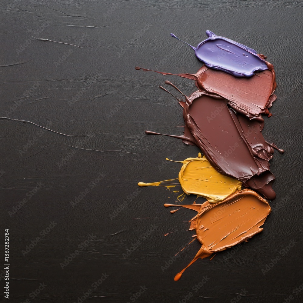 Poster Vertical arrangement of colorful paint strokes on a dark textured background with a top-down perspective and vibrant colors