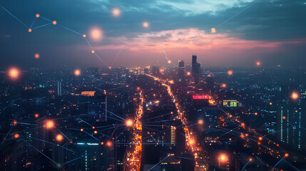 New Delhi city with skyscrapers view, digital data stream connecting concept, smart urban development.  advanced network technology 
