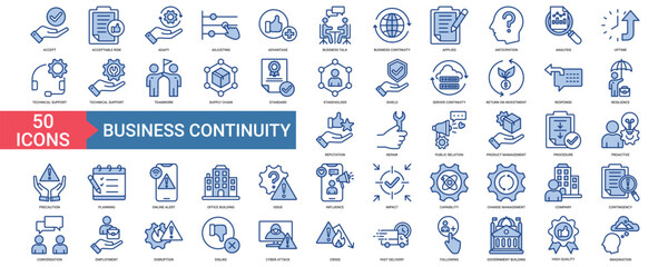 Business Continuity icon collection set. Containing accept, adapt, adjusting, advantage, applied, anticipation, analysis, uptime, technical support, teamwork icon. Simple vector