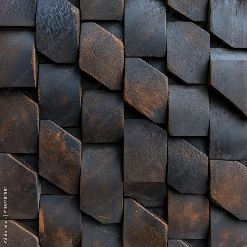 Poster geometric wood wall texture with dark brown color and rough surface, modern interior design with dep