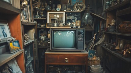 Dusty antique shop TV, cluttered shelves, vintage items, nostalgic background