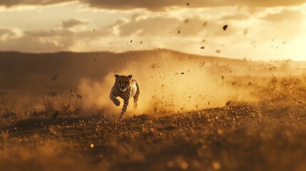 Cheetah's breathtaking sprint across golden savanna, propelled by immense power and speed