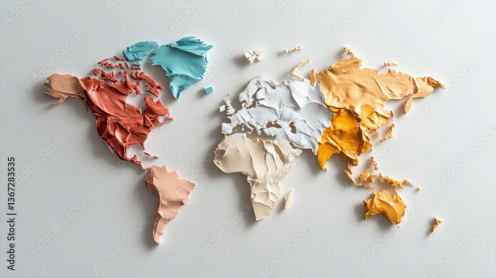 Poster Textured world map illustration with continents in various colors on a sparkling white background. Artistic representation of global geography and diversity