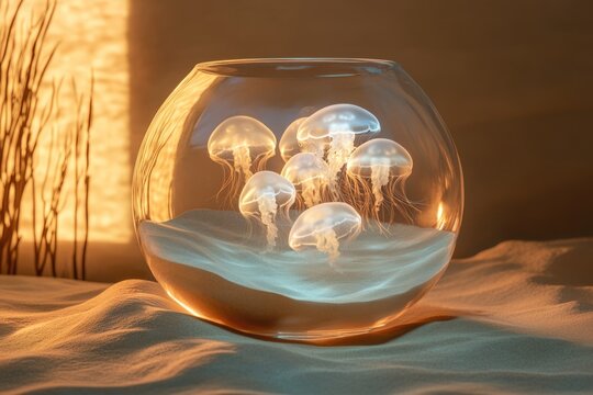 Glowing jellyfish gracefully swim in a glass bowl filled with sand, creating a serene underwater desert scene.