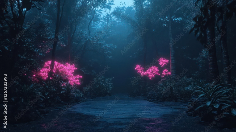 Aufkleber A dark forest path leads towards glowing pink foliage under a mysterious blue light. Trees and dense vegetation creates a surreal and atmospheric scene
