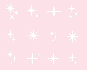 Minimalistic background with a set of white stars of different shapes and sizes on a soft pink background. It is ideal for use in design related to holidays, space, magic, children's projects, or as a
