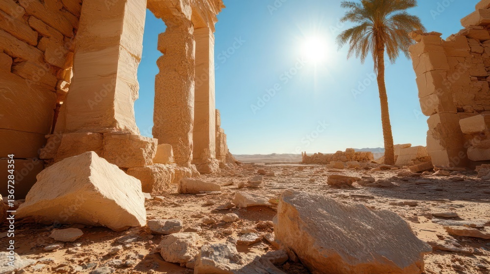 Poster ruined ancient stone columns and debris under bright sun in desert landscape with palm tree and blue