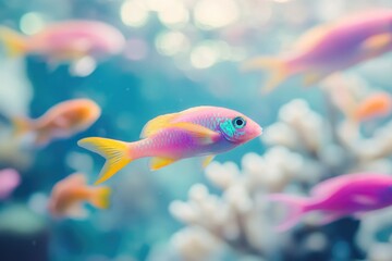 Fototapeta premium A vibrant pink and yellow fish swims amidst a blurred background of other fish and coral.