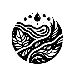 Monochrome Nature's Essence: Circular Symbol of Water & Flora