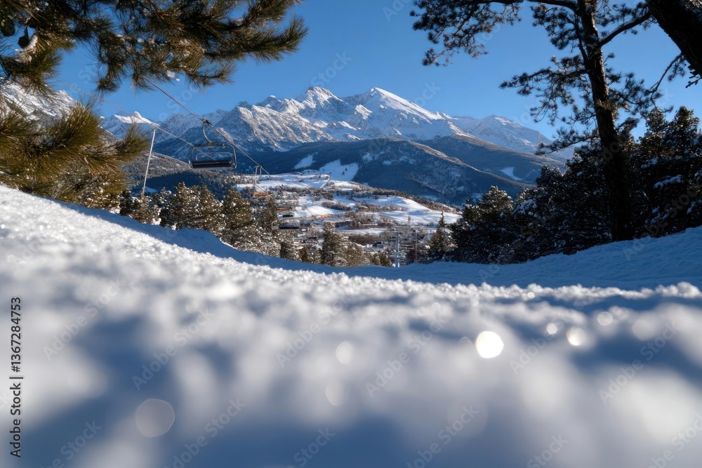 Poster snowy mountain landscape with sunlight shining through trees and snow on the ground creating a brigh
