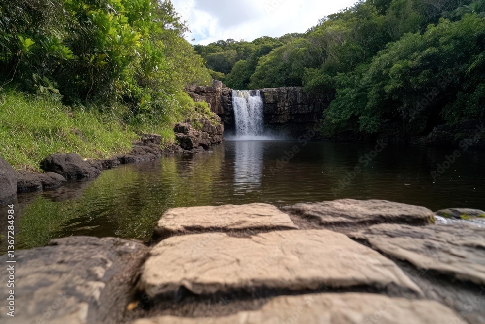 Poster Tranquil waterfall cascading into a serene pool surrounded by lush greenery and stone pathway on a bright day. 
