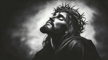 Monochrome Portrait of Jesus with Crown of Thorns against Cloudy Backdrop