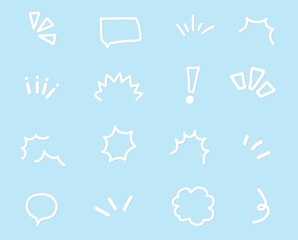 A set of various white graphic elements, including speech bubbles, exclamation marks, lines, underscores, and other decorative elements often used in comics and manga to express emotions and accents. 