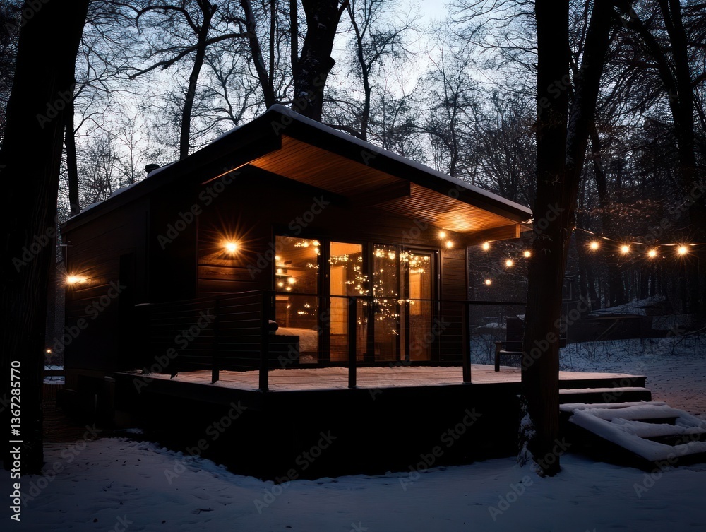 Aufkleber cozy wooden cabin illuminated by warm lights nestled in snowy forest during twilight with string lig