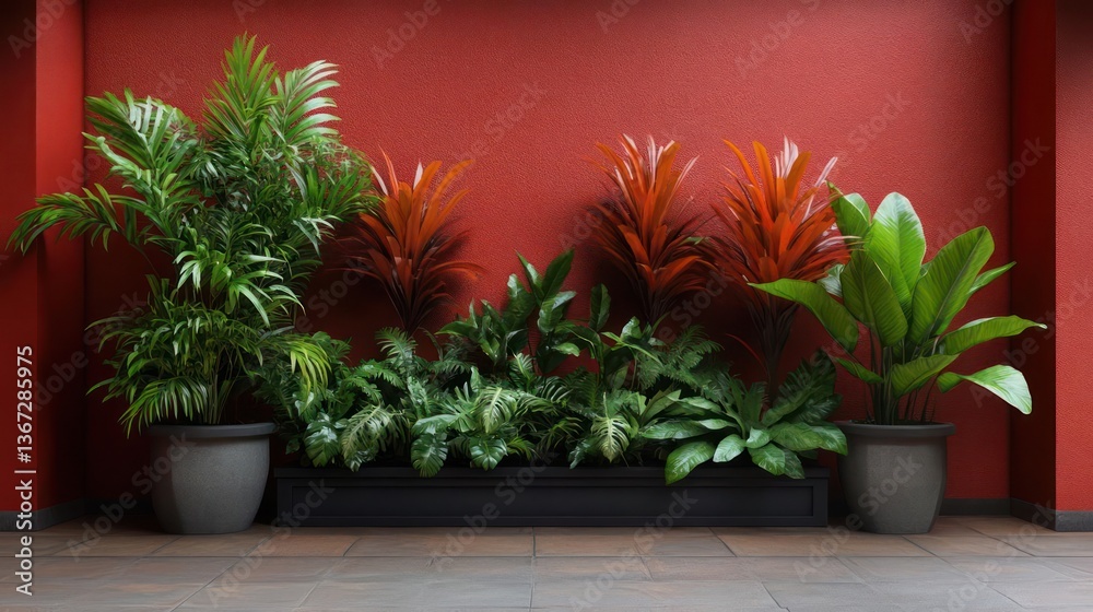Poster array of potted plants against a textured red wall creating a vibrant indoor garden. green foliage c