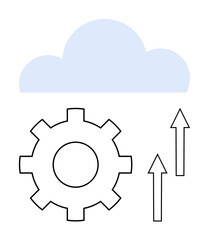 Gear under blue cloud with two upward arrows symbolizing data upload, innovation, and progress. Ideal for technology, cloud storage, software development, data management, process optimization