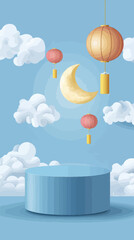 Mid-Autumn Festival Vector with Lanterns and Crescent Moon in Cloudy Sky