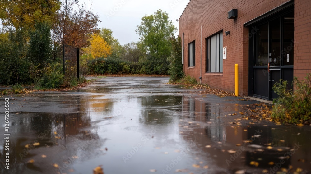 Poster exterior view of wet pavement reflecting a building and foliage with scattered yellow leaves on the 