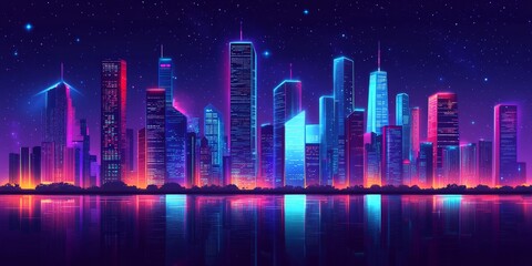Modern city night skyline with illuminated skyscrapers buildings neon color cartoon  illustration. Metropolis downtown streets. Urban architecture background with business centers
