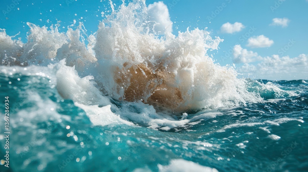 Poster Dynamic view of a cresting ocean wave illuminated by sunlight under a blue sky creating a sense of motion and water splash