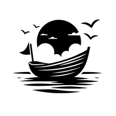 Black and White Silhouette: Boat on the Sea with Birds