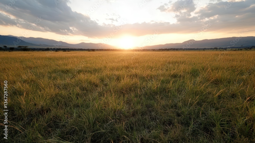 Aufkleber golden hour view of open grassland with sun shining over a mountain range with clouds and bright yel