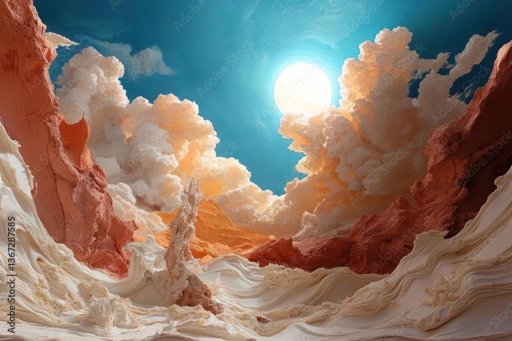 Aufkleber abstract voxel landscape with blue sky bright sun and volumetric clouds. the foreground features wav