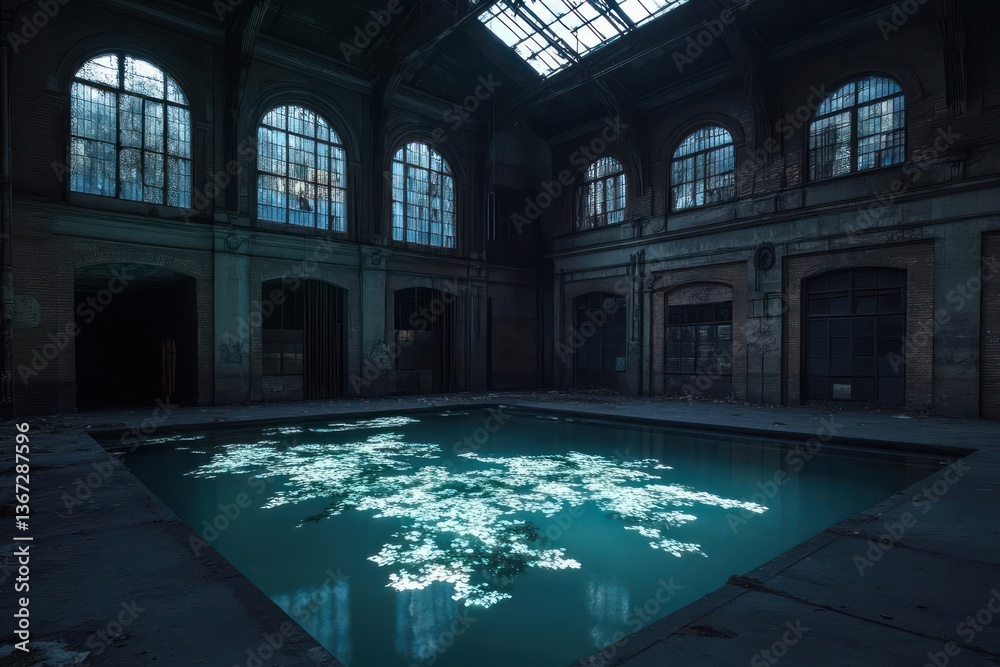 Poster interior of abandoned brick building with reflective pool water illuminated by natural light through