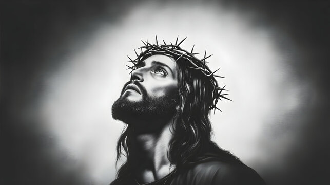 Monochrome Portrait Of Jesus With Crown Of Thorns Looking Upward Illustration