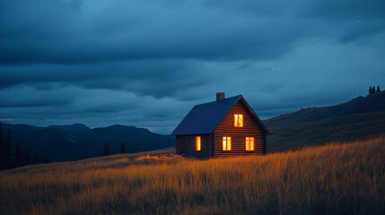 Remote cabin glows warmly against a backdrop of mountains and twilight sky