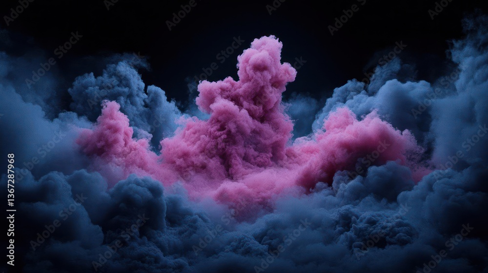 Poster Abstract cloudscape of pink and blue colored particulate matter floating against a dark background. Features 3D render and artistic composition. Atmospheric and ethereal visualization