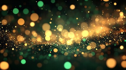Abstract festive background with shimmering golden and green bokeh