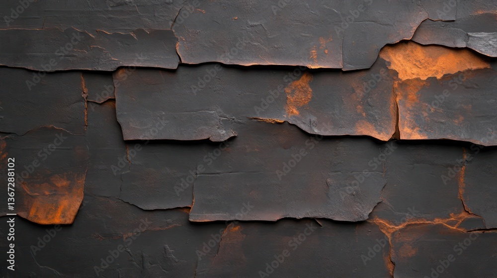 Poster close up of weathered wooden shingles showing texture with flaking black paint and orange underlay. 