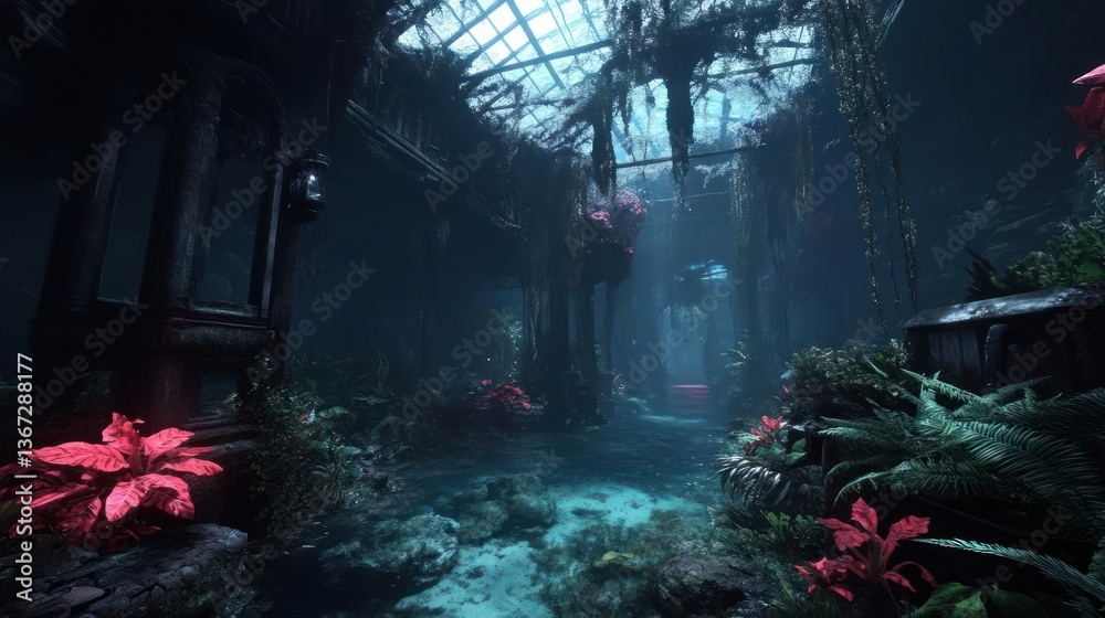 Poster an underwater scene of an overgrown building featuring vibrant pink and green plants illuminated wit