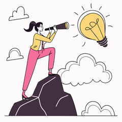 Visionary woman on peak seeking ideas with telescope illustration concept