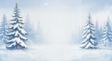 Christmas watercolor background, Winter watercolor painted landscape. Christmas card background frame