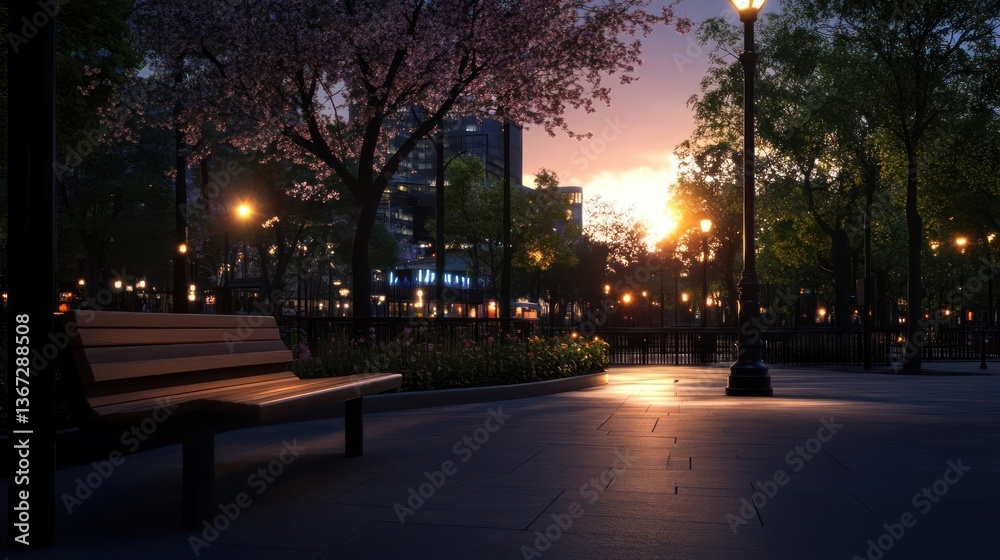 Poster serene evening park scene featuring bench and trees illuminated by warm sunset hues and streetlights