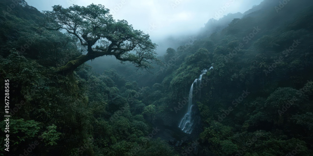 Aufkleber lush green forest with waterfall in rain. tree and foliage fill the frame. moody lighting and atmosp