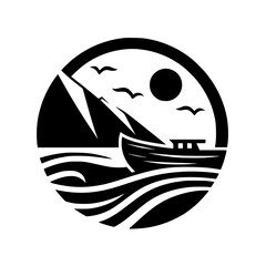 Coastal Serenity: Minimalist Boat Scene in a Circle
