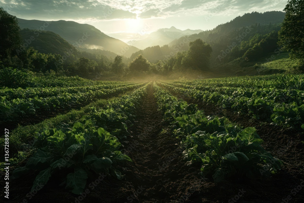 Poster sunlit field of lush green crops in a mountainous landscape with soft lighting and a sense of tranqu