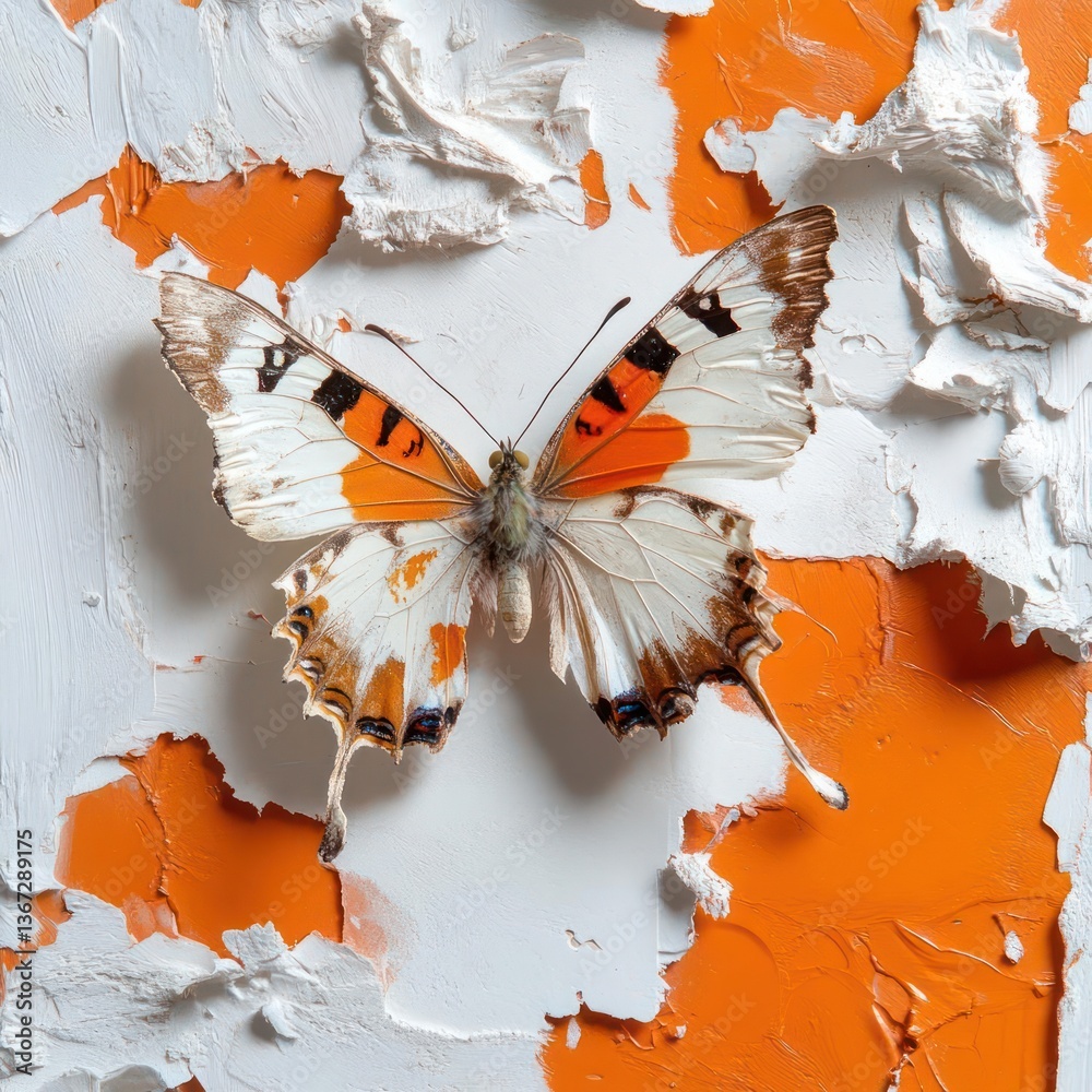 Poster butterfly with orange and white wings on an abstract textured orange and white background showcasing