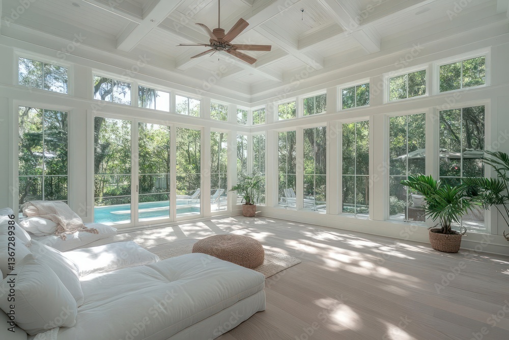 Poster bright interior with expansive windows overlooking lush greenery featuring white furnishings a ceili