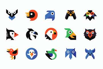 Bird Icon Set with Geometric Design, Colorful Avian Heads, Logo Templates on White