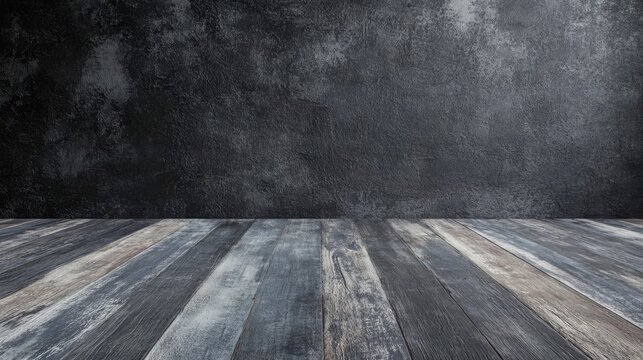 Grungy dark room with concrete floor and textured wall, capturing industrial aesthetic perfect for backgrounds, design projects, and promotional material