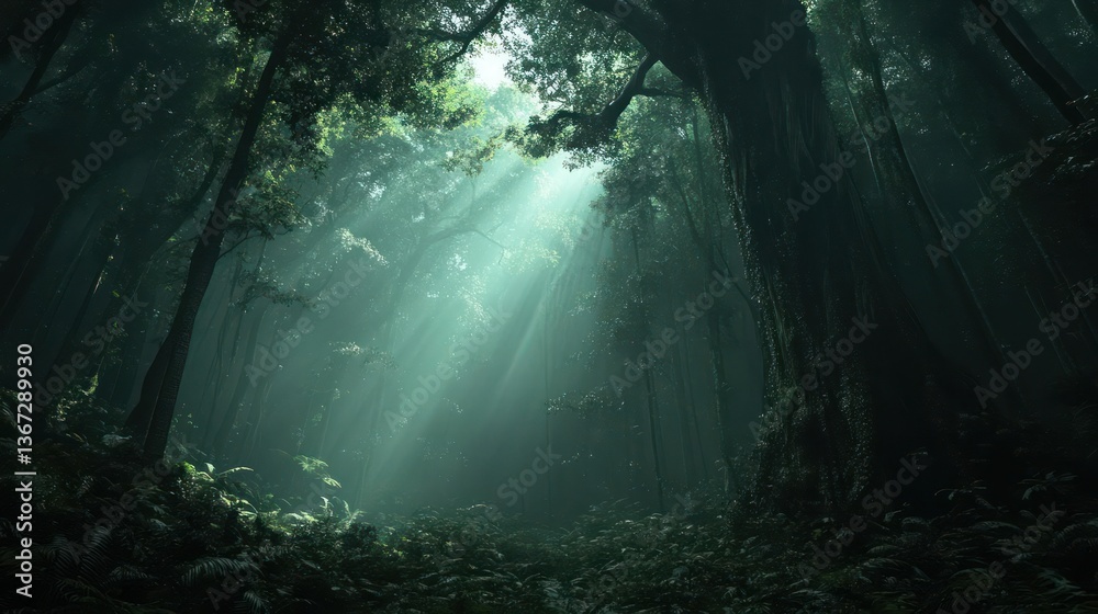 Poster sunlight streams through lush green forest canopy casting ethereal glow creating mysterious atmosphe
