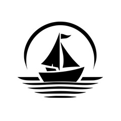 Nautical Emblem: Silhouette of a Sailboat at Sea, Black & White Logo