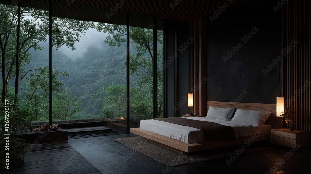 Aufkleber cozy bedroom interior with large window showing foggy forest trees and serene atmosphere illuminated