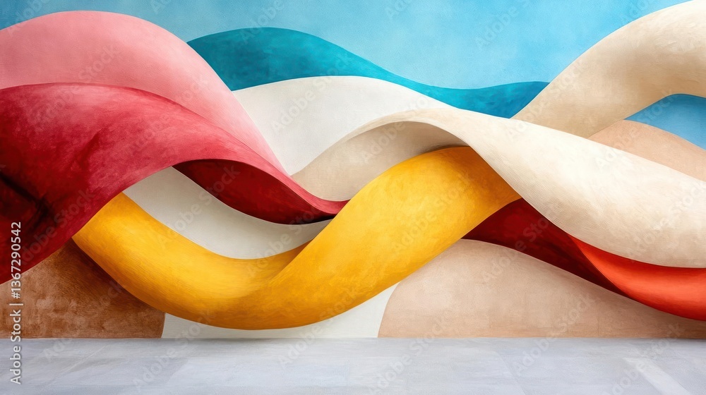 Leinwandbilder abstract design featuring flowing ribbons in red yellow teal and white colors against a light gray b